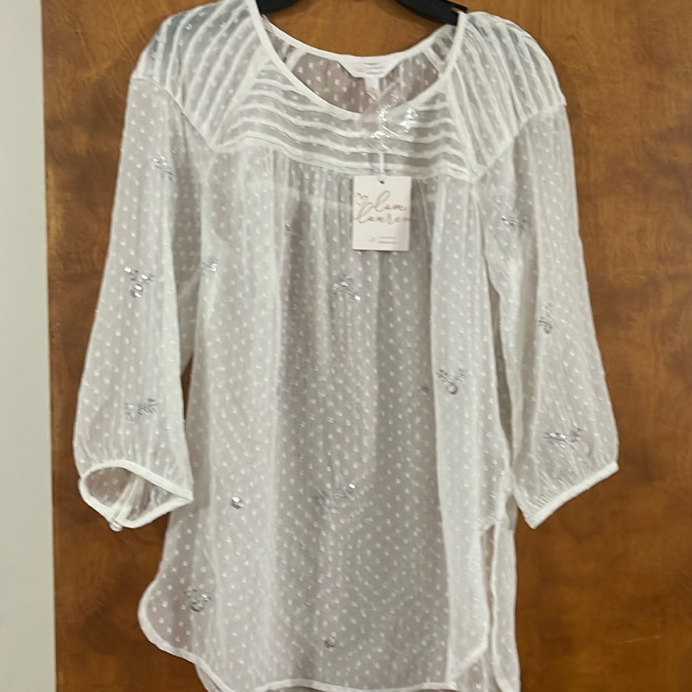 Lauren Conrad Women's Floral Embroidered Dotted Blouse